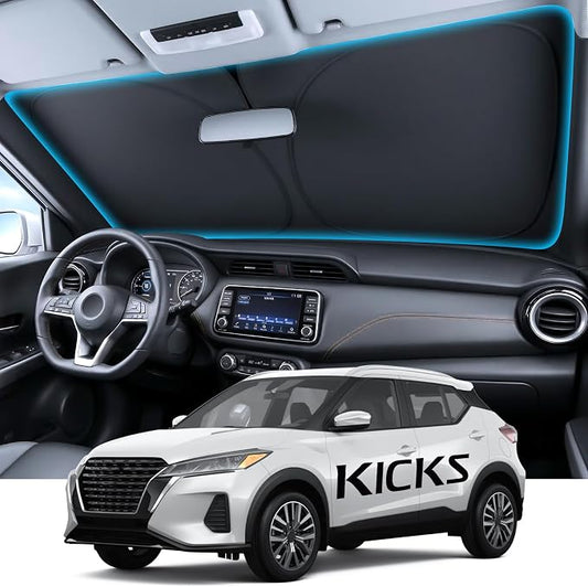 for Nissan Kicks Windshield Sunshade [OEM Design, 100% Sun Blockage] Foldable Heat Insulation Sun Shade with Storage Bag, for Nissan Kicks (2018-2026), Silver Coating