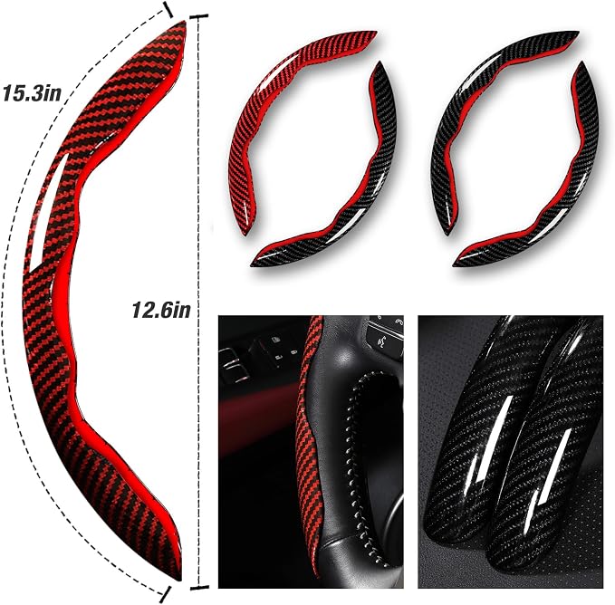 Car Steering Wheel Cover Set Bright Carbon Fiber Wrap Non-Slip 3pcs Steering Wheel Accessories 14.5-15 inch Universal (Red Black)