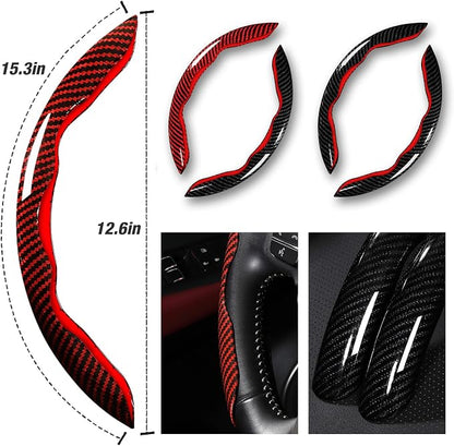 Car Steering Wheel Cover Set Bright Carbon Fiber Wrap Non-Slip 3pcs Steering Wheel Accessories 14.5-15 inch Universal (Red Black)
