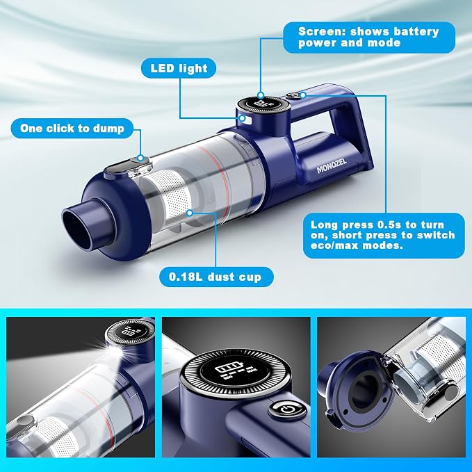 MONOZEL Handheld Vacuum Cordless - Car Vacuum Cleaner with Brushless Motor, 15kPa Powerful Suction Vacuum with LED Light, Type C Port, 2 Fliters, Portable Hand Vacuum for Home, Pet and Car