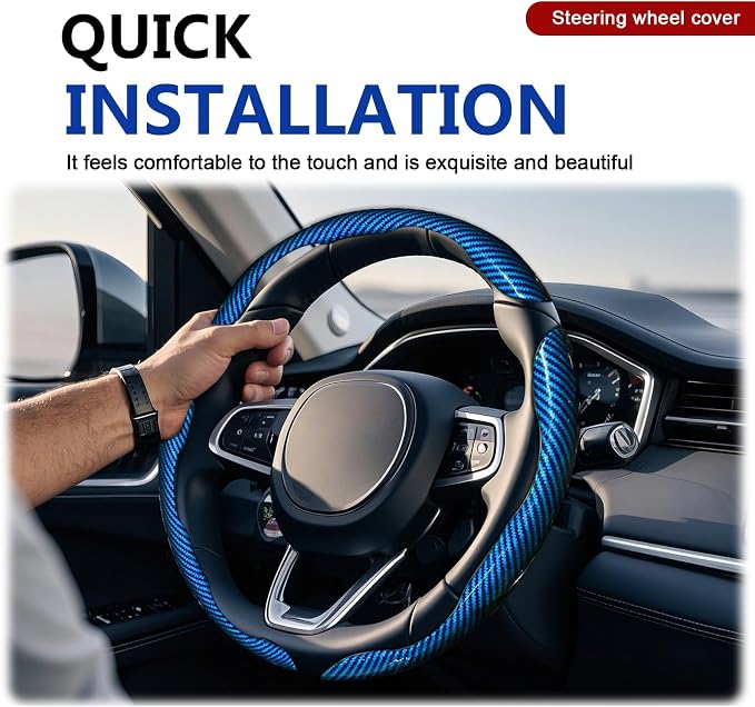3pcs Universal Carbon Fiber Steering Wheel Cover - Anti-Slip & Segmented Design, Universal 99% Durable Steering Wheel Protector for Men and Women, Car Interior Accessory (Blue)