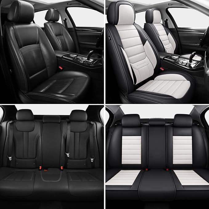 MINGBRON Car Seat Covers Full Set,Black White Car Seat Cover, Car Seat Protector Waterproof, Nappa Leather Car Seat Cushion, Fit for Most Cars