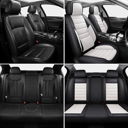 MINGBRON Car Seat Covers Full Set,Black White Car Seat Cover, Car Seat Protector Waterproof, Nappa Leather Car Seat Cushion, Fit for Most Cars