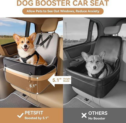 PETSFIT Dog Car Seat for Small/Medium Dogs Up to 35 lbs – Patented Safety System, 5" Memory Foam Pet Booster Car Seat, Fully Detachable and Washable Dog Carseat with 2 Storage Pockets (Black & Grey)
