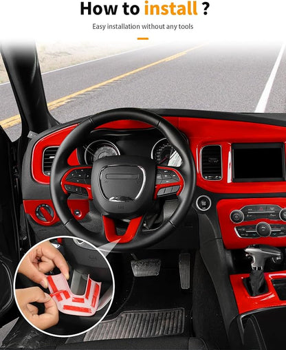 Hoolcar for Charger Red Interior Accessories Trim Kit fit for 2015-2024+ Dodge Charger Center Console Gear Shift Dash Dashboard Decor Cover Trim, 12pcs