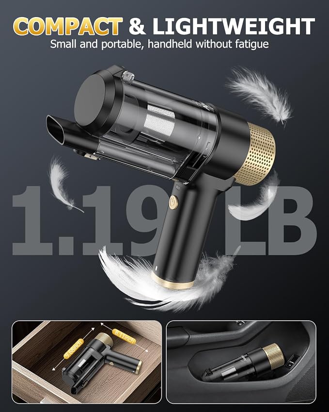 AHNR Handheld Car Vacuum Cleaner Cordless with 16000PA Powerful Suction, 4-in-1 Portable Mini Vacuum Cleaner & Air Duster with Multi-Accessories, Hand Held Vacuum Cordless Rechargeable for Car Home