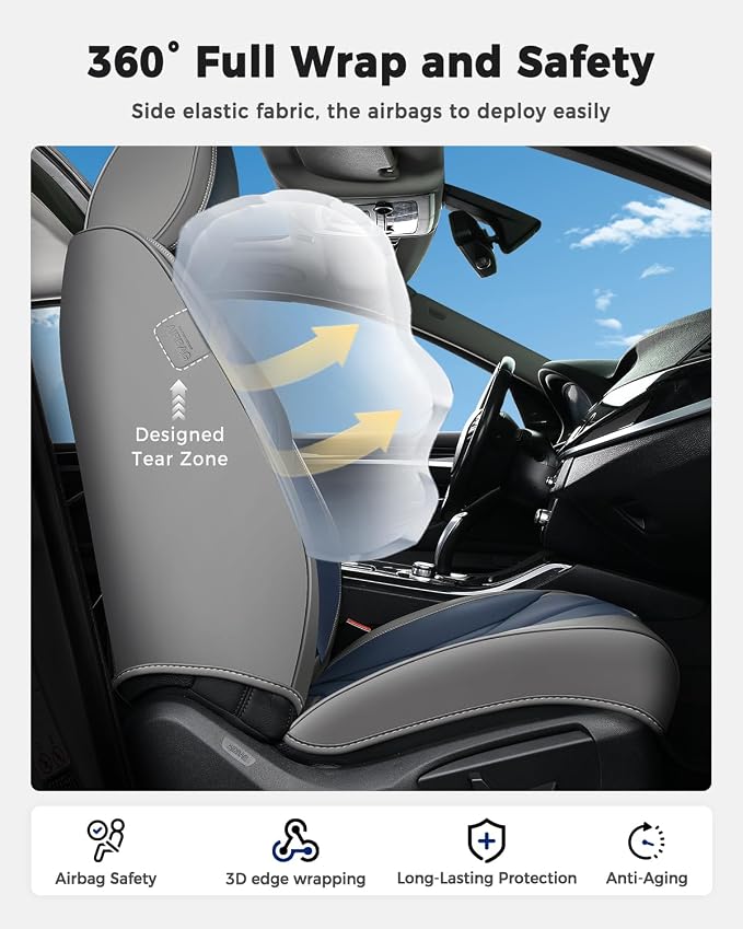 Huidasource Front Seat Covers, Universal Fit for Most Cars SUV Trucks, Full Coverage Leather Seat Cover, Airbag Compatble, Seat Function Retain, Storage Pocket Design, Easy to Install, Gray & Blue