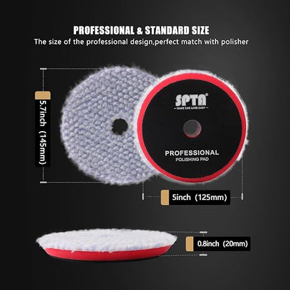 SPTA Wool Polishing Pad, 2Pcs 5''(125mm) Coarse Wool Cutting Pad, Coarse Woolen Pad BlueWool Buffing Pads Set with Hook and Loop for Heavy Cut for Car Polisher, Buffing and Polishing