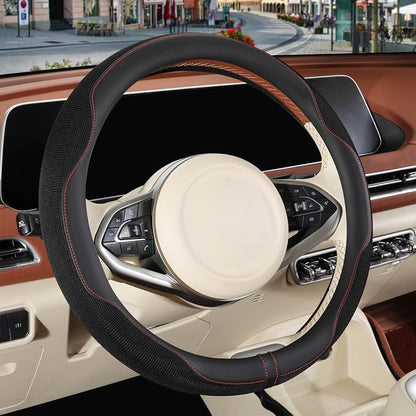 Nappa Leather Steering Wheel Cover, Advanced Microfiber Leather Non-Slip Breathable Fabric, Warm in Winter and Cool in Summer, Black Large 15.5 inch to 16 inch