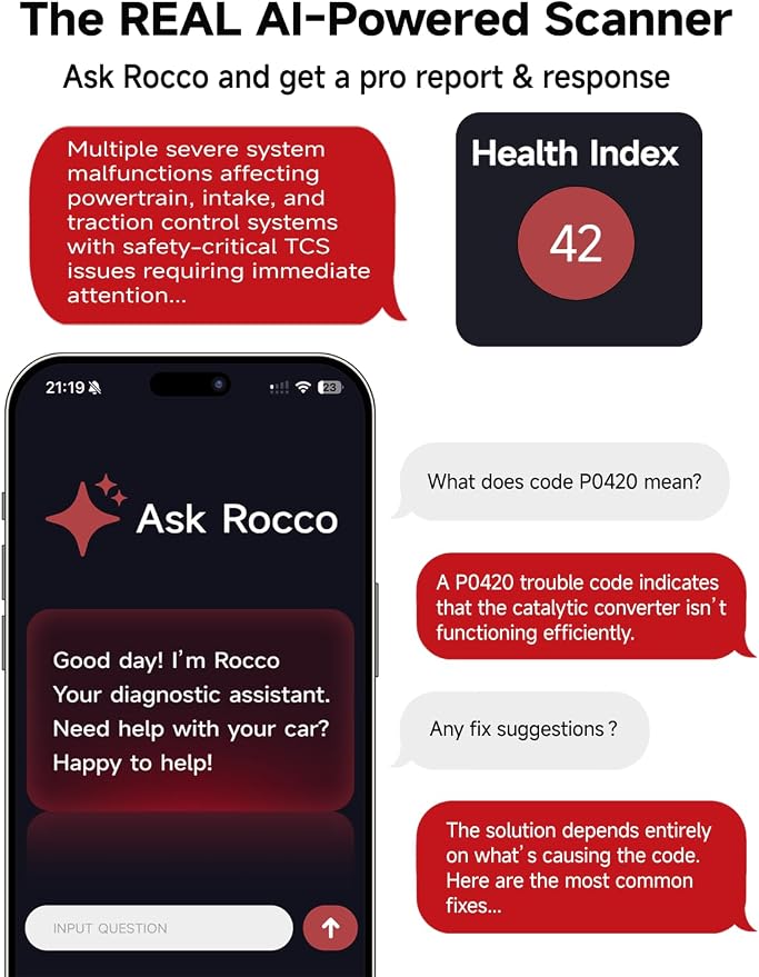 Rocco OBD2 Scanner Bluetooth for iOS Android, AI Diagnostic Tool for Car Buying Repair, No Subscription Fee, AutoVIN, 45000+ Fault Codes, Check & Clear Engine Codes, Real-Time Data, Vehicles 1996+