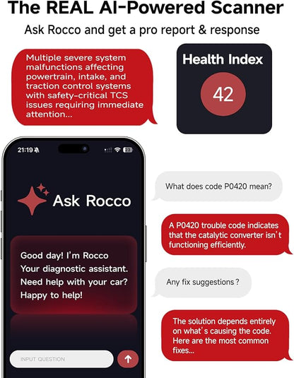 Rocco OBD2 Scanner Bluetooth for iOS Android, AI Diagnostic Tool for Car Buying Repair, No Subscription Fee, AutoVIN, 45000+ Fault Codes, Check & Clear Engine Codes, Real-Time Data, Vehicles 1996+