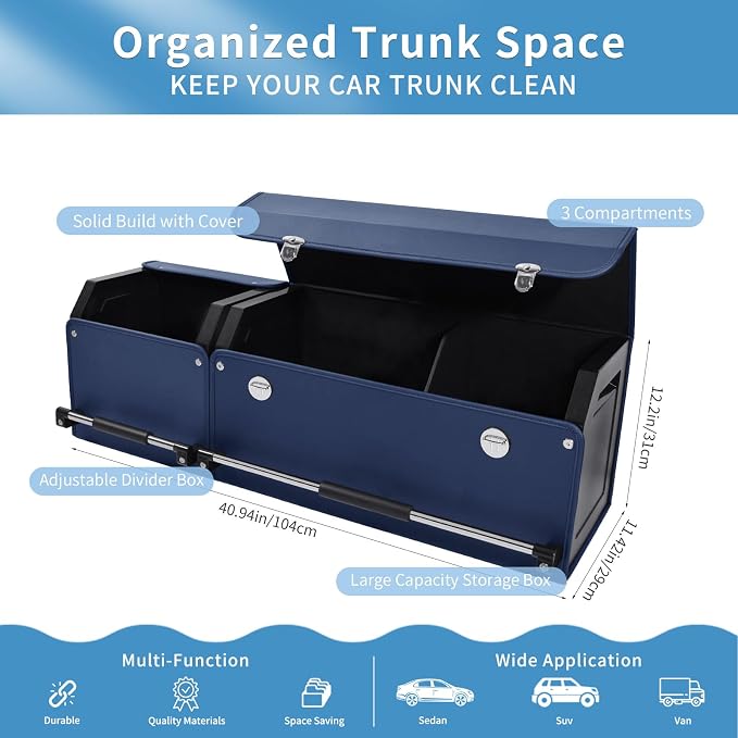 Car Trunk Organizer, Leather Trunk Organizer for SUV with Lid and Sturdy Handle Collapsible Adjustable Storage (Blue, 41 x 11.4 x 12.2in)