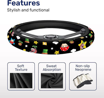 GENANY Retro Handheld Game Steering Wheel Cover, Non Slip Polyester Car Wheel Protector for Car SUV Truck, Universal 15 Inch