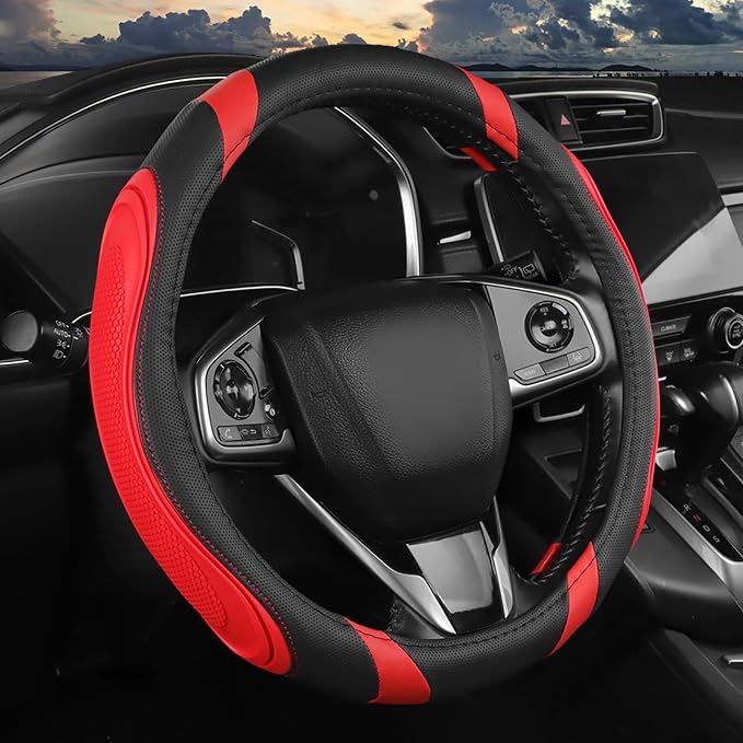 Concave Convex Massage Black Red Microfiber Leather Steering Wheel Cover, 14.5-15 Inch Non-Slip Breathable Microfiber Car Steering Wheel Protector