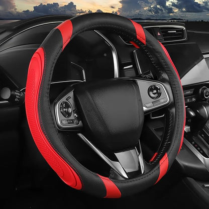 Concave Convex Massage Black Red Microfiber Leather Steering Wheel Cover, 14.5-15 Inch Non-Slip Breathable Microfiber Car Steering Wheel Protector