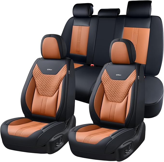 Coverado Car Seat Covers Full Set, Front Seat Covers with Lumbar Support and Back Seat Cover Waterproof Leather Automotive Seat Cover, Universal Car Interior Protectors Cushion for Most Cars