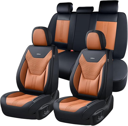 Coverado Car Seat Covers Full Set, Front Seat Covers with Lumbar Support and Back Seat Cover Waterproof Leather Automotive Seat Cover, Universal Car Interior Protectors Cushion for Most Cars