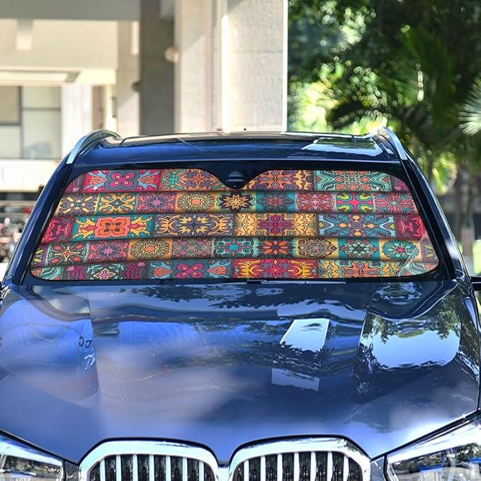 Boho Ethnic Car Windshield Sun Shade Bohemian Stripes Colorful Mandala Flower Foldable UV Ray Sun Visor Protector Sunshade to Keep Your Vehicle Cool (55" x 27.6")