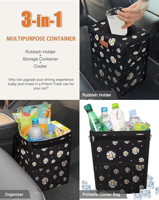 Pritent Car Trash Can with Lid, Cute Leakproof Car Trash Garbage Bag Hanging Vehicle Trash Bin Small Portable Automotive Garbage Cans Organizer for Back/Front Seat/Console(2.8 Gallons,Black Flower)