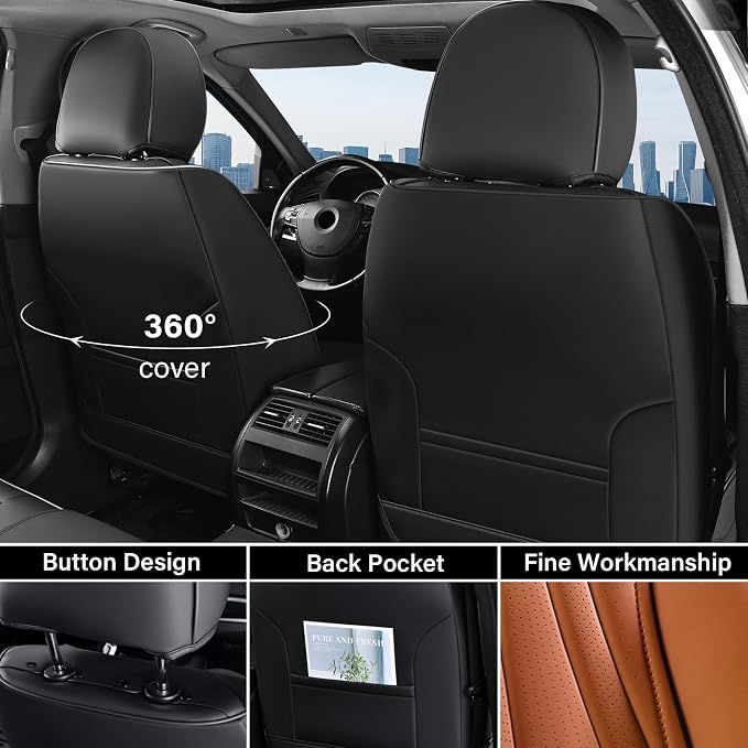 Coverado Seat Covers Full Set, Leather Car Seat Covers, Waterproof Seat Covers for Cars, Front and Back Seat Covers, Car Seat Protectors Car Seat Cushions Universal Fit for Most Cars, Black&Brown