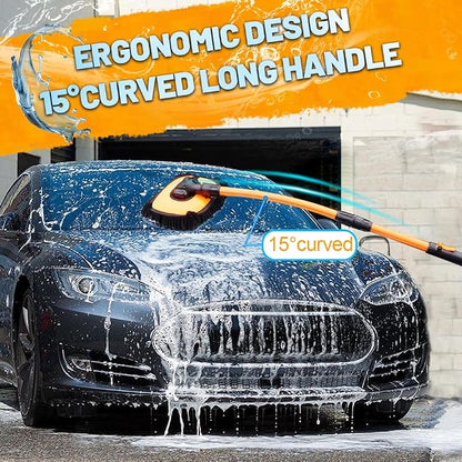 Car Wash Brush with Long Handle, Chenille Microfiber Car Wash Mop Kit, Scratch Free Car Cleaning Supplies with Ergonomic 15掳 Curved Extension Pole for RV Truck Boat Windshield - Orange