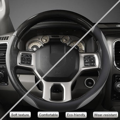 West Llama Customized Auto Car Steering Wheel Cover for Dodge RAM 1500 2500 3500, 15.5-16 inch (Black+Gray-Large Size)
