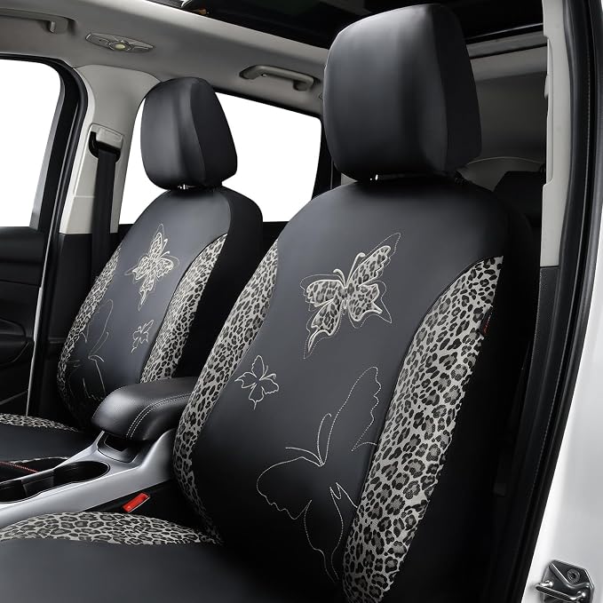 Flying Banner Butterfly car seat Covers ful Set Fashion Universal Lady Woman Female Rear Bench Split Colorized (Full Set - Faux Leather, Leopard Gray)