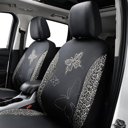 Flying Banner Butterfly car seat Covers ful Set Fashion Universal Lady Woman Female Rear Bench Split Colorized (Full Set - Faux Leather, Leopard Gray)