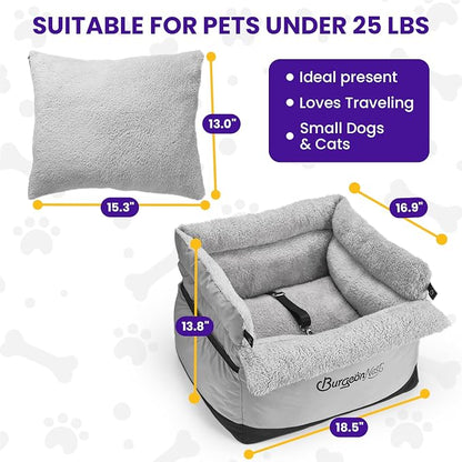 BurgeonNest Dog Car Seat for Small Dogs up to 25 lbs - Washable Pet Booster Seat with Safety Leash & Storage Pockets, Grey
