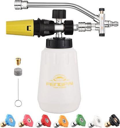 FENG PAI Foam Cannon for Pressure Washer with Dual-connector Accessory, 7 Power Washer Sprayer Nozzles, 1/4" Quick Connect Double Tip Attachment Soap Bottle Sprayer Soap, 3600 PSI (White)