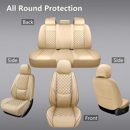 Full Coverage Leather Car Seat Covers Full Set,Waterproof Seat Covers for Cars,SUVs Trucks, Car Seat Cushion,Car Seat Protector with 5 Seats (Beige, Full Set(Front and Rear-5 Seats))