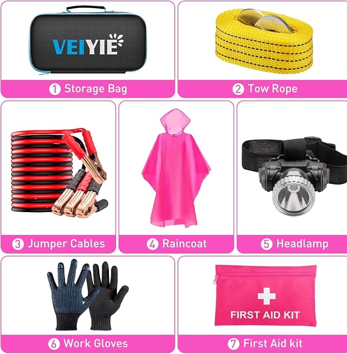 20Pcs Roadside Emergency Car Kit with Jumper Cables, Car Safety Kits, Car Safety Roadside Assistance Kit Headlamp,Tow Strap, Tool Kit, Road Trip Assistance for Men, Women, New Driver Gifts