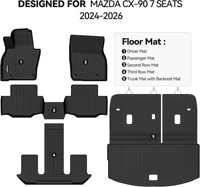 Floor Mats for 2024 2025 2026 Mazda CX-90 7 Seats/Captain Seat, Trunk Mat with Backrest Mat All Weather TPE Protector for Mazda CX-90 Accessories