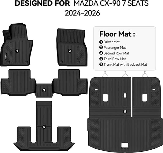 Floor Mats for 2024 2025 2026 Mazda CX-90 7 Seats/Captain Seat, Trunk Mat with Backrest Mat All Weather TPE Protector for Mazda CX-90 Accessories