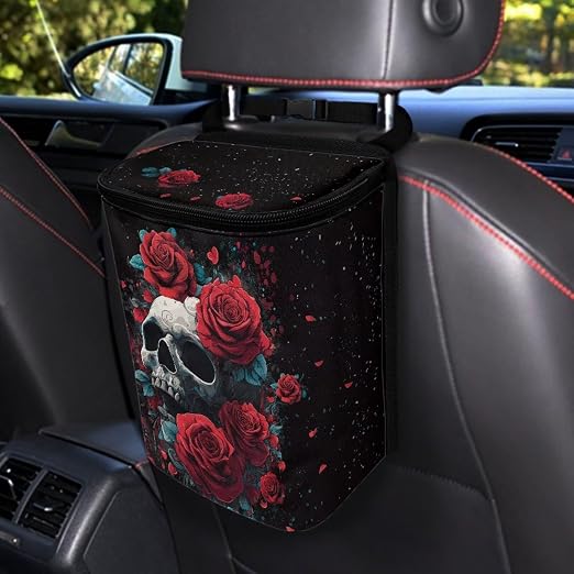 Skull Red Roses Pattern Car Trash Can with Lid and Zipper Portable Foldable Trash Bin for Car Interior Accessories Multipurpose Garbage Can Bags Storage Organizer Halloween Decor