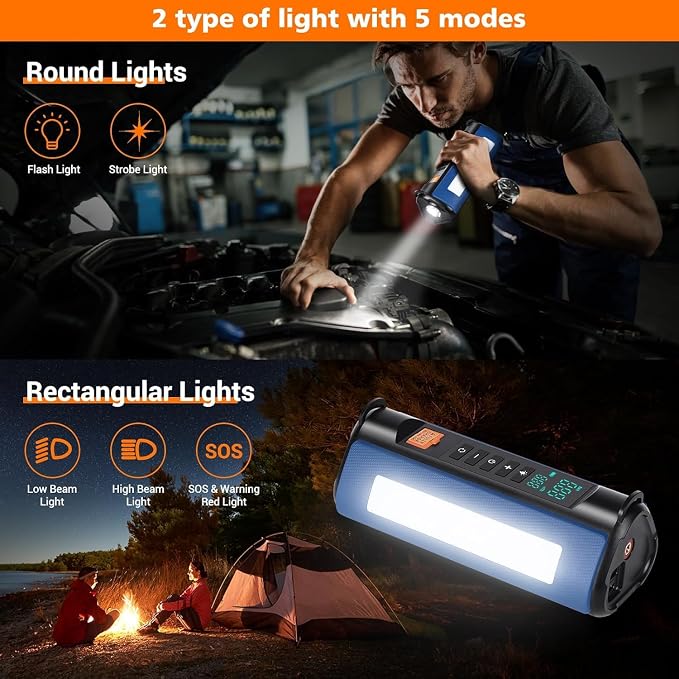 Portable Jump Starter with Air Compressor, 1000A Jump Starter Battery Pack (All Gas/5.0L Diesel) 150PSI Digital Tire Inflator, 12V Car Jump Box Car Battery with LCD Display, 2 Types of Lights