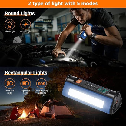 Portable Jump Starter with Air Compressor, 1000A Jump Starter Battery Pack (All Gas/5.0L Diesel) 150PSI Digital Tire Inflator, 12V Car Jump Box Car Battery with LCD Display, 2 Types of Lights