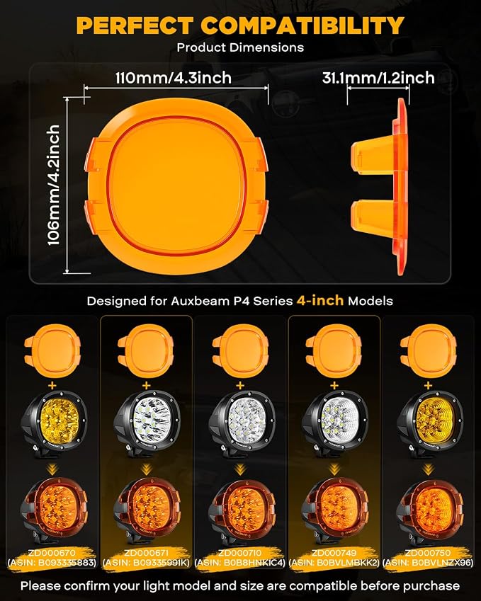 Auxbeam P4 Series 4 Inch Deep Amber Light Covers 2300K Dark Amber Tint Round Off-Road Light Lens Cap LED Pods Covers Reduce Glare for Fog & Dust Low Visibility, 2 Packs