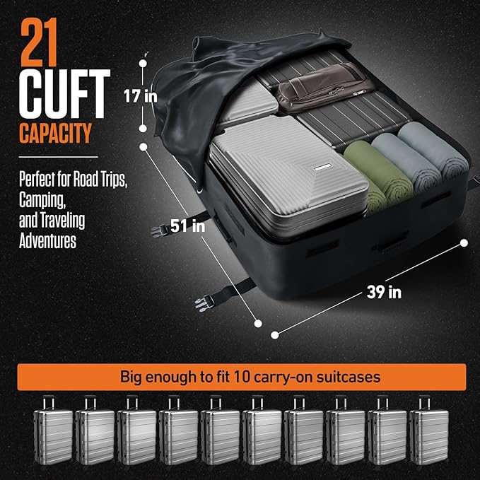 VENTURE 4TH Car Rooftop Cargo Carrier – 21 Cubic Feet Soft-Shell Waterproof Roof Bag with 10 Heavy-Duty Compression & Tie-Down Straps, Anti-Slip Mat & Door Hooks – Fits Cars with or Without Roof Rack