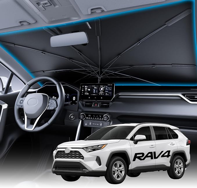 Wigoo Windshield Sun Shade Umbrella for Toyota RAV4 2019-2026 [100% Sun Blockage, Ice Cooling Fabric] Foldable Heat Insulation Front Window Sunshade Umbrella for Toyota RAV4 2019-2026