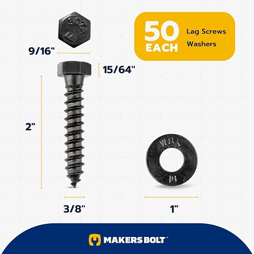 3/8 x 2 (50 Pack) Lag Screw Kit, 50 Screws and 50 Washers, Ceramic Black Ruspert Coating for Exterior Use, Meets ASTM A307 and ASME B18.2.1, Industrial/Commerical Grade by Makers Bolt