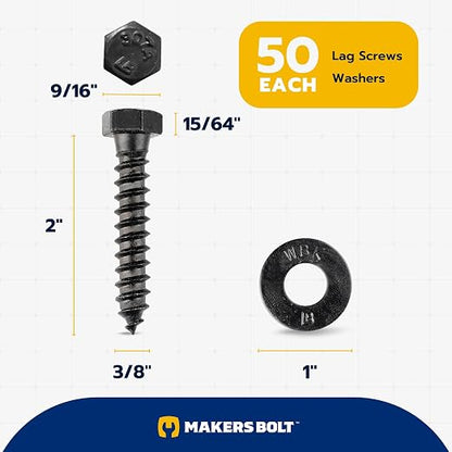 3/8 x 2 (50 Pack) Lag Screw Kit, 50 Screws and 50 Washers, Ceramic Black Ruspert Coating for Exterior Use, Meets ASTM A307 and ASME B18.2.1, Industrial/Commerical Grade by Makers Bolt