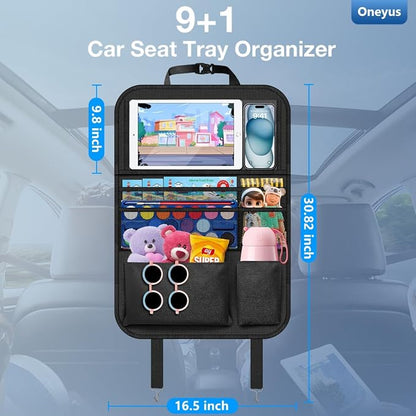 Car Backseat Organizer with Table Tray(2-Pack) 9 Storage Pockets Backseat Car Organizer and storage with Tablet Holder, Kick Mats Back Seat Cover for Kids family Road Trip Essentials Travel