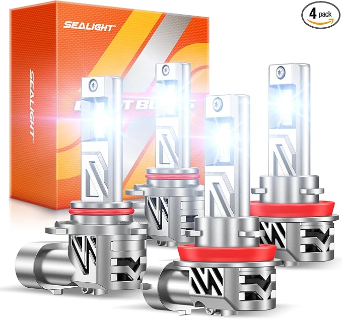 SEALIGHT HB3/9005 H9/H11 LED Light Bulbs Combo, 800% 88,000LM Super Brighter, 1:1 Halogen Size Wireless, 6500K Cool White, 20 Year+ Extended Lifespan, Pack of 4