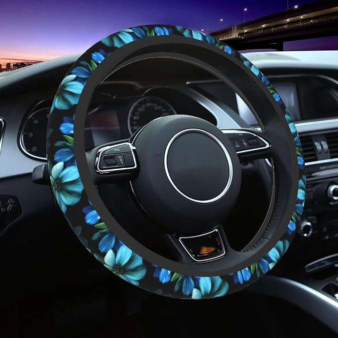 Blue Flower Steering Wheel Cover for Women Car Accessories Cute Girls Girly Universal 15 Inch Neoprene Auto Interior Decor Anti Slip Automotive Truck Protector