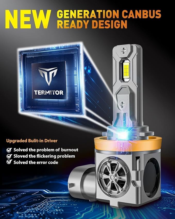 Termitor Latest 9005 H11 Fog Light Bulbs, H9 HB3 Halogen for Off-road only | 70K Lumens, 6500K Daylight White, No Adapter Required, Easy Install, 70,000hrs+ Lifespan, IP68, 1: 1 size, Pack of 2