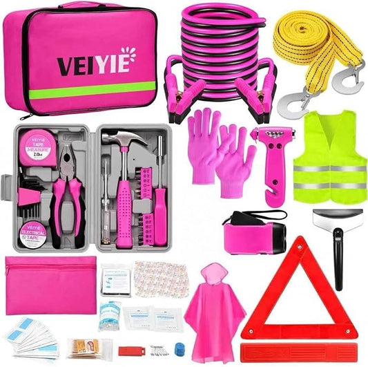 Roadside Emergency Car Kit for Vehicles, Pink Car First Aid Kit Emergency Kit with Jumper Cables, Car Safety Kits, Tow Strap, Tool Kit, Road Trip Assistance for Men, Women, New Driver Gifts
