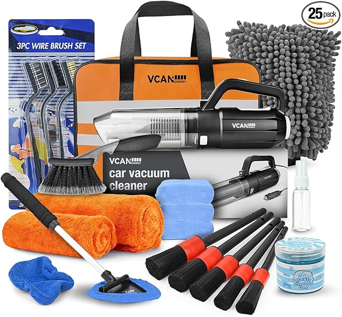 VCANENERGY Car Cleaning kit, Car Interior Detailing kit with 10000pa Car Vacuum Cleaner, Detailing Brush Set, Wheel Brush, Windshield Cleaner Tool, Complete Auto Accessories for Men, Women