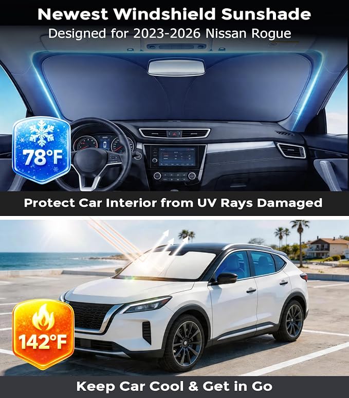 DMJN Front Windshield Sun Shade for Nissan Rogue (2023-2026), [Nano Ice-Crystal Coatings] UPF50+ Heat & UV Block, Protect Car Interior & Keep Cool, Flodable Steel-Ring Car Cover for Summer