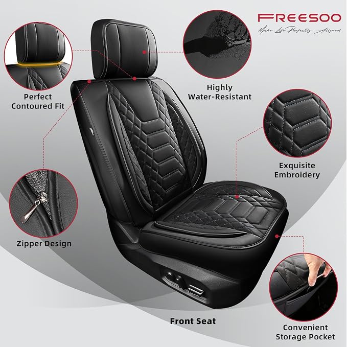 FREESOO Tundra Seat Covers 2026 2025 2024 2023 2022 Full Set, Fit for Toyota Tundra Crewmax Double Cab, Custom Truck Seat Covers with Waterproof Faux Leather Black